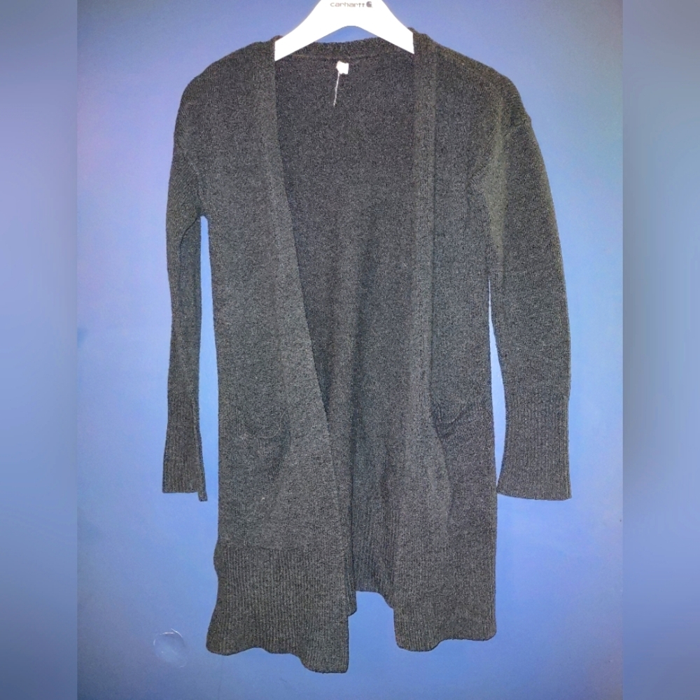 Charcoal Gray Open Front Duster Cardigan with Pockets